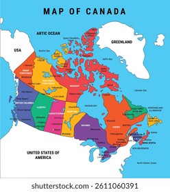 Canada map Vector illustration with Provinces and Capitals, Color vector map of Canada, Colorful map vector drawing, territories geographical borders, political Map of Canada with provinces, EPS 10