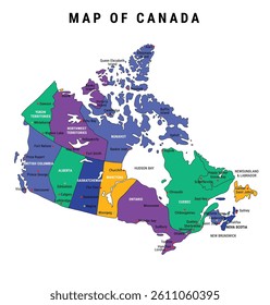 Canada map Vector illustration with Provinces and Capitals, Color vector map of Canada, Colorful map vector drawing, territories geographical borders, political Map of Canada with provinces, EPS 10