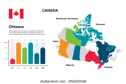 Canada map. Vector image of a global map in the form of regions of Canada a regions. Country flag. Infographic timeline. Easy to edit