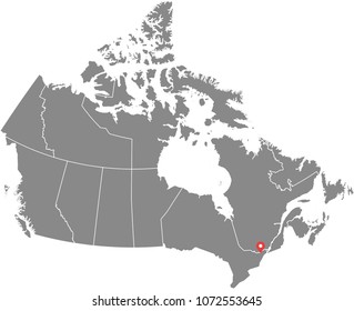 Canada map vector outline illustration with provinces or states borders and capital location, Ottawa, in gray background. Highly detailed accurate map of Canada prepared by a map expert.