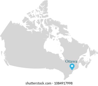 Canada map vector outline illustration with capital location, Ottawa, in gray background. Highly detailed accurate map of Canada prepared by a map expert.