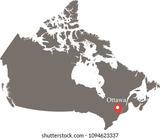 Canada map vector outline illustration with capital location and name, Ottawa, in gray background. Highly detailed accurate map of Canada prepared by a map expert.