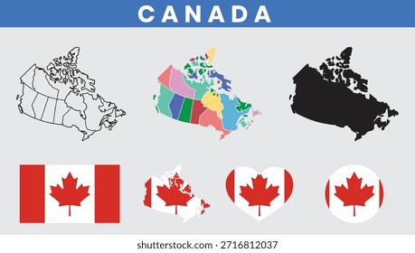 Canadá mapa vetor com províncias e bandeira nacional definida
