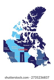 Canada map with white outline and All Canadian regions name stock illustration eps vector file fully editable
