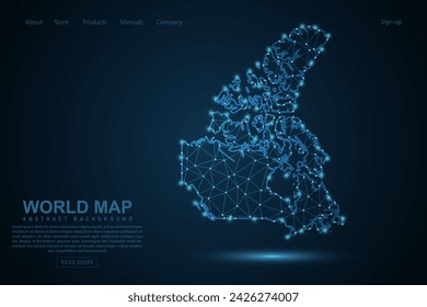 Mapa de Canadá - Mapa del Mundo línea de masa y escalas de puntos sobre fondo azul de la tecnología. Línea de red poligonal de malla 3D de marco de alambre, esfera de diseño, punto y estructura - Ilustración vectorial eps 10