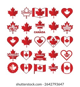 "Canada Maple Leaf and Flag Icon Set – Red and White Canadian Symbols in Heart, Badge, and Leaf Designs"