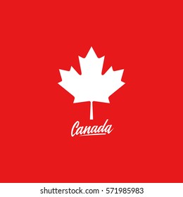 Canada Maple leaf on red background with handwritten word Canada. Vector illustration.