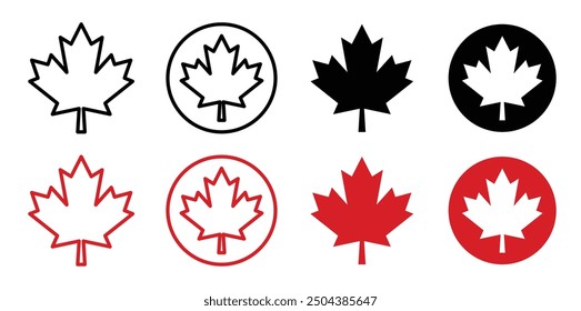 canada maple leaf vector icon set. canadian flag leaf in black and red colors.