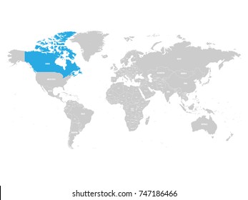 Canada marked by blue in grey World political map. Vector illustration.