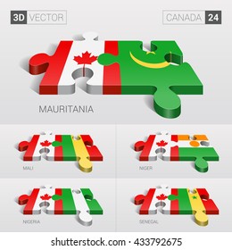Canada and Mauritania, Mali, Niger, Nigeria, Senegal Flag. 3d vector puzzle. Set 24.