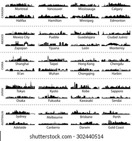 Canada, Mexico, China, Japan and Australia cities isolated skylines vector set