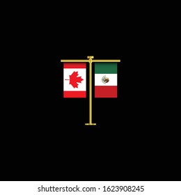 Canada and mexico friendship concept.Canada and mexico flags hanging side by side on golden poles. isolated on black bakcground