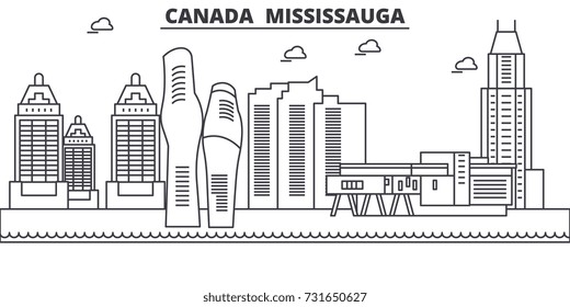 Canada, Mississauga architecture line skyline illustration. Linear vector cityscape with famous landmarks, city sights, design icons. Landscape wtih editable strokes