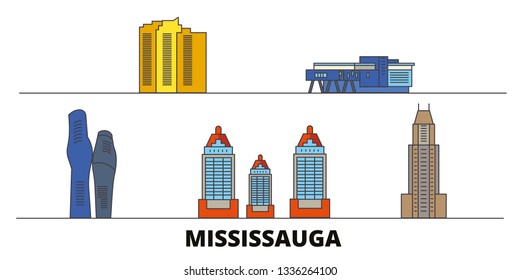 Canada, Mississauga flat landmarks vector illustration. Canada, Mississauga line city with famous travel sights, skyline, design. 
