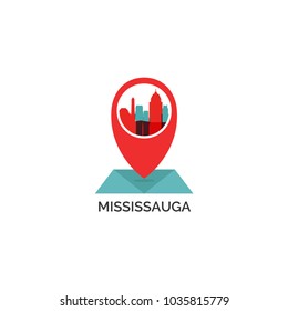 Canada Mississauga map city pin point geolocation modern skyline shape pointer vector flat logo web icon illustration