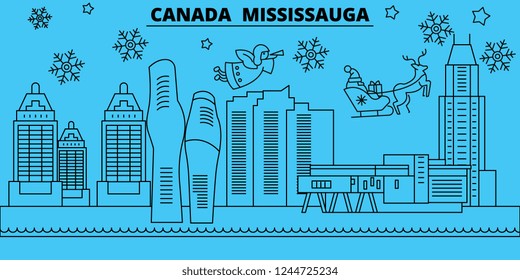 Canada, Mississauga winter holidays skyline. Merry Christmas, Happy New Year decorated banner with Santa Claus.Canada, Mississauga linear christmas city vector flat illustration