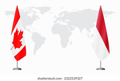 Canada and Monaco flags for official meeting against background of world map.