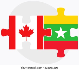 Canada and Myanmar Flags in puzzle isolated on white background