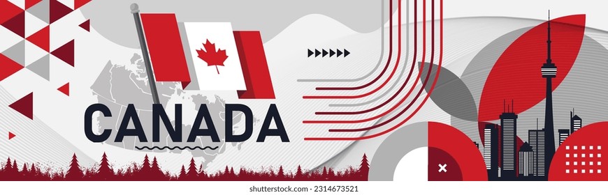 Canada national day banner design. Canadian flag map theme corporate graphic art web cover background. Abstract celebration pattern, red white color. Canada flag geometric Toronto vector illustration.