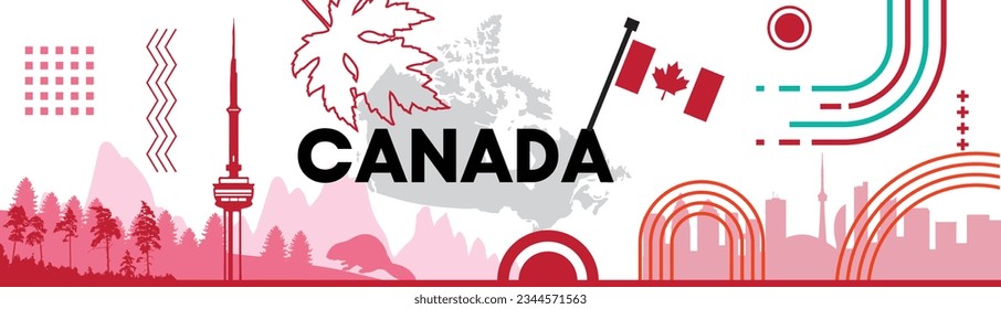 Canada national day banner design. Canadian flag theme graphic  background. Abstract celebration pattern, red white color. Canada flag with landmarks and cities.