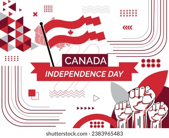 CANADA national day banner with map, flag colors theme background and geometric abstract retro modern colorfull design with raised hands or fists.