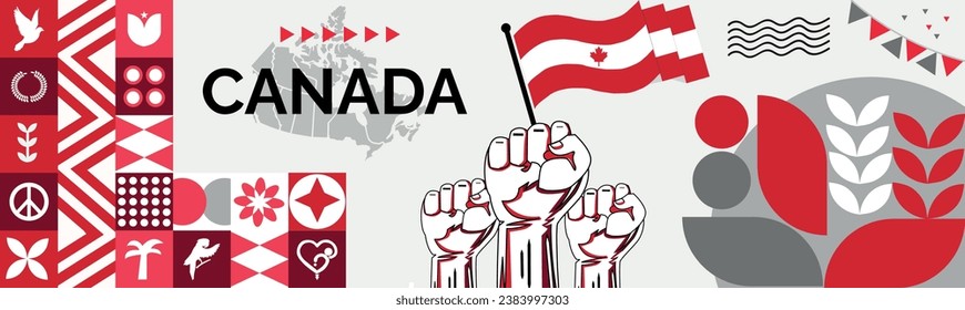 CANADA national day banner with map, flag colors theme background and geometric abstract retro modern colorfull design with raised hands or fists.