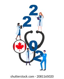 Canada national flag on a stethoscope with doctors and year 2022 on a white background. Postcard on the topic of fighting the epidemic. Health workers in the new year.