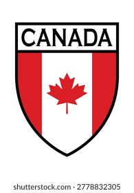 Canada national flag shield emblem with maple leaf and text isolated on white background.
