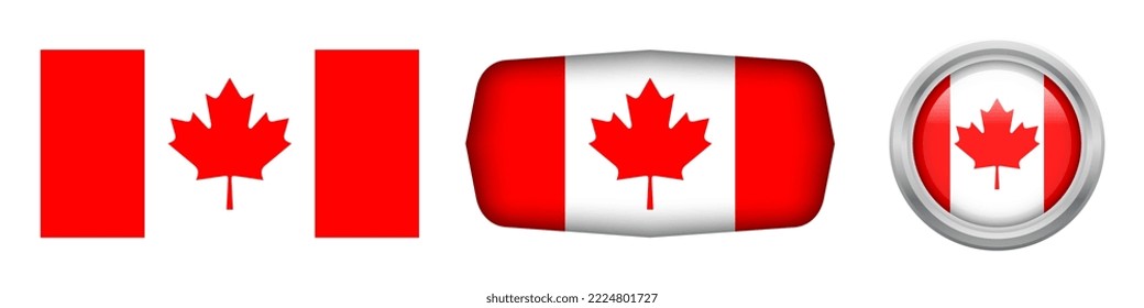 Canada national flag in three versions rectangular, ellipse and round flag on white background. vector illustration