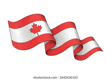 Canada national flag waving ribbon shape with engraved vintage texture