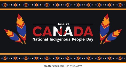 Canada National Indigenous Peoples Day . Canadian flags, feathers and more. Great for cards, banners, posters, social media and more. Black background.