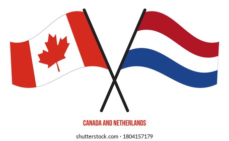 Canada and Netherlands Flags Crossed And Waving Flat Style. Official Proportion. Correct Colors.