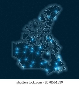 Canada network map. Abstract geometric map of the country. Digital connections and telecommunication design. Glowing internet network. Cool vector illustration.