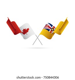 Canada and Niue flags. Crossed flags. Vector illustration.