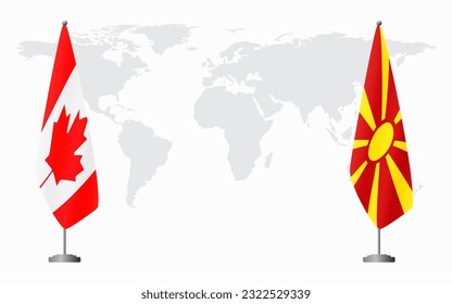 Canada and Northern Macedonia flags for official meeting against background of world map.