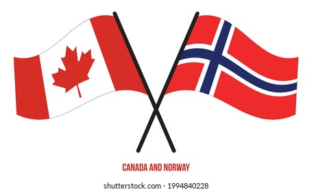 Canada and Norway Flags Crossed And Waving Flat Style. Official Proportion. Correct Colors.