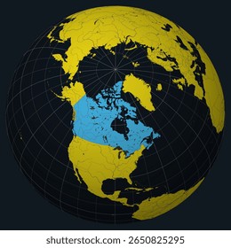 Canada on Globe. Country view on the world map in Charcoal Bright Yellow color palette. Canada shape on map. Globe with meridians, parallels, countries, rivers and lakes. Trending vector illustration.