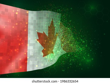 Canada, on vector 3d flag on green background with polygons and data numbers