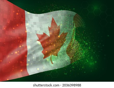 Canadá, sobre la bandera vectorial 3d sobre fondo verde con polígonos y números de datos
