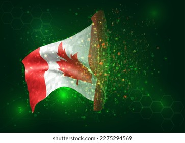 Canada, on vector 3d flag on green background with polygons and data numbers