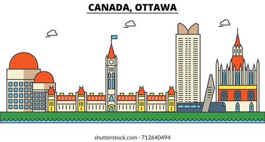 Canada, Ottawa. City skyline: architecture, buildings, streets, silhouette, landscape, panorama, landmarks. Editable strokes. Flat design line vector illustration concept. Isolated icons set