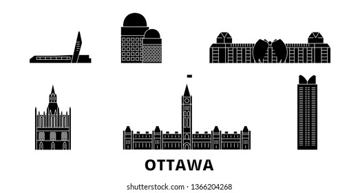 Canada, Ottawa flat travel skyline set. Canada, Ottawa black city vector illustration, symbol, travel sights, landmarks.