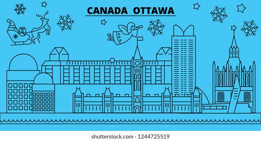 Canada, Ottawa winter holidays skyline. Merry Christmas, Happy New Year decorated banner with Santa Claus.Canada, Ottawa linear christmas city vector flat illustration