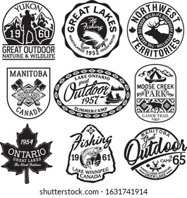 Canada outdoor adventure stickers and patches vector collection in black and white for boy wear