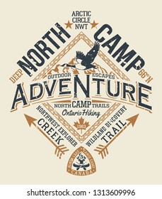 Canada outdoor adventure wildlife discovery vintage vector print for boy t shirt grunge effect in separate layer