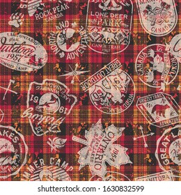 Canada outdoor labels with tartan background grunge vector seamless pattern