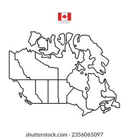 Canada outline map with division to region. Canada map isolated on white background. Vector illustration with national flag.