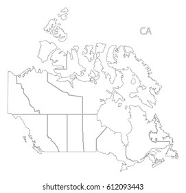Canada outline silhouette map illustration with regions