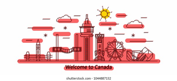 Canada panorama. Canada vector illustration in outline style with buildings and city architecture. Welcome to Canada.