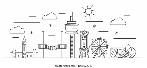 Canada panorama. Canada vector illustration in outline style with buildings and city architecture. Welcome to Canada.